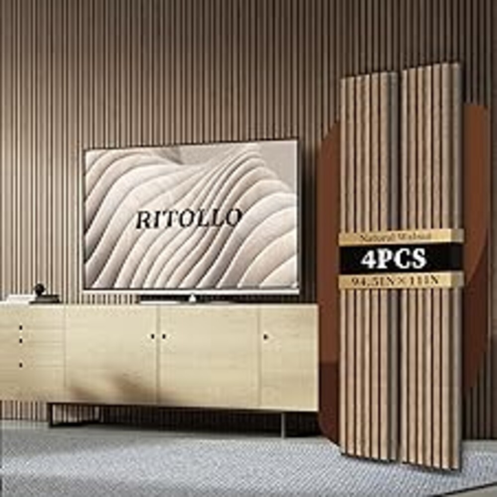 RITOLLO 4-Piece Wood Slat Panels for Wall 94.5"×11" Acoustic Panels for Interior Wall Decor 3D Fluted Sound Absorbing Panel - Natural Walnut