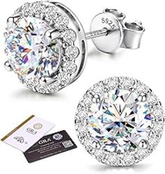 GEMQUEEN Moissanite Halo Earrings Studs : 18K Gold Plated Solid 925 Sterling Silver Stud Earring for Women Men Hypoallergenic Dainty Moissanite Jewelry for Sensitive Ear Round Cut D Color VVS1 1CT-4CT