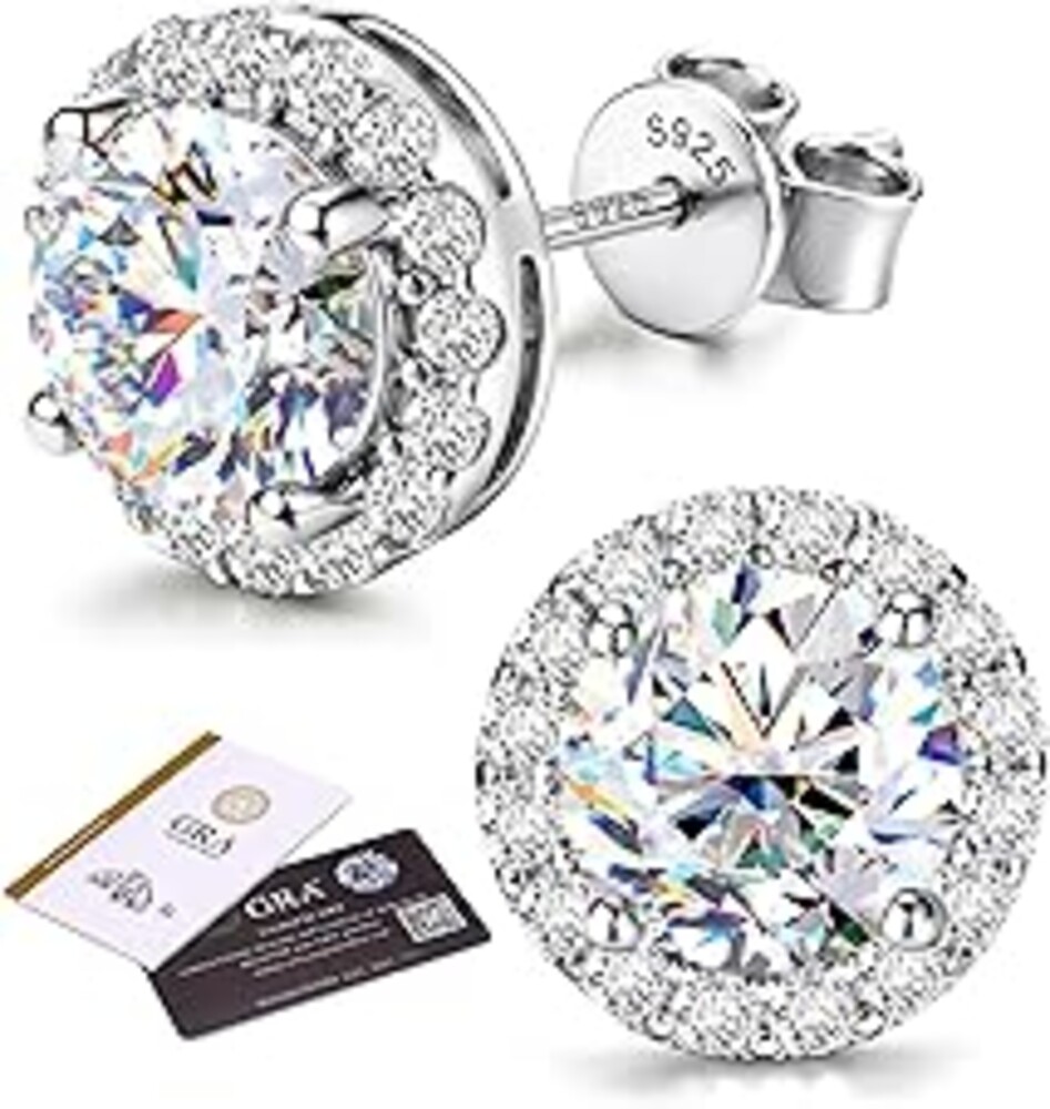 GEMQUEEN Moissanite Halo Earrings Studs : 18K Gold Plated Solid 925 Sterling Silver Stud Earring for Women Men Hypoallergenic Dainty Moissanite Jewelry for Sensitive Ear Round Cut D Color VVS1 1CT-4CT