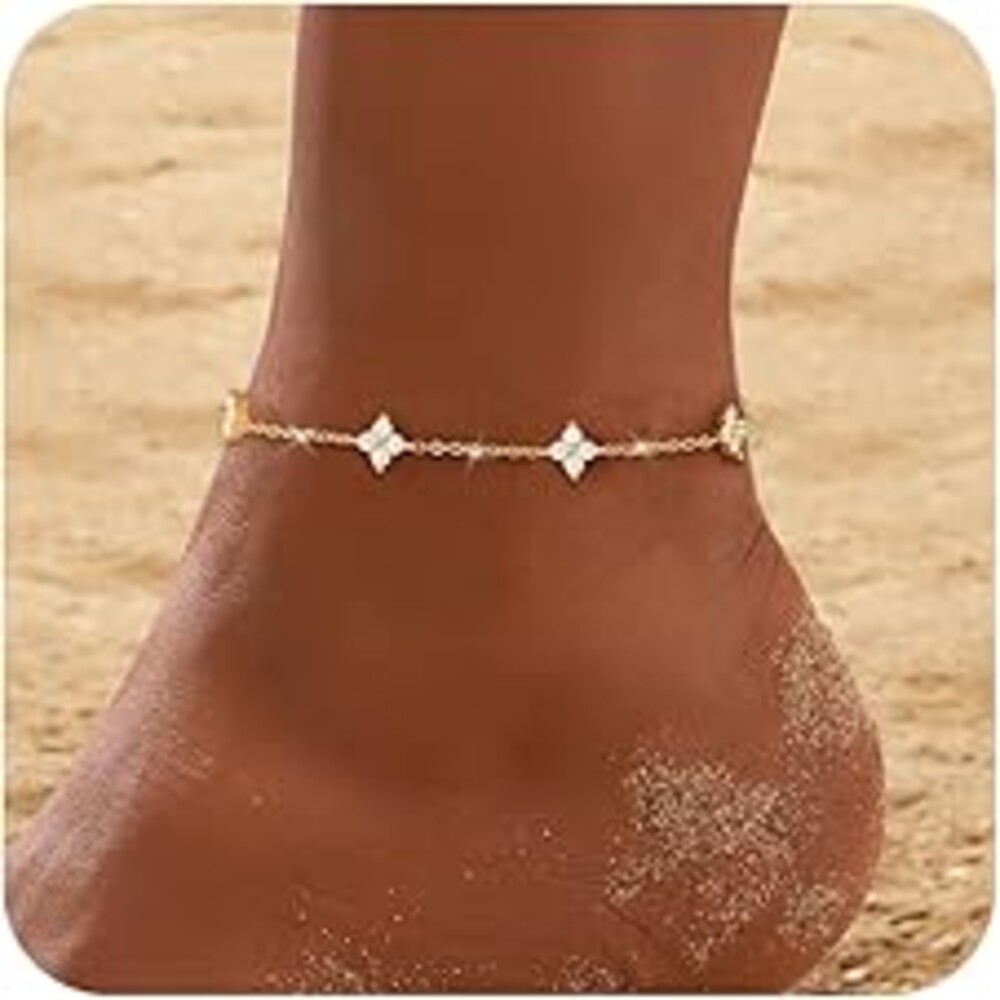 RLMOON Gold Silver Anklets for Women CZ Ankle Bracelet 14K Gold Plated Waterproof Layered Stackable Clover Butterfly Tennis Chain Anklet Trendy Summer Beach Foot Jewelry