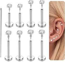 LOLIAS 16G 18G Flat Back Earrings Studs-Hypoallergenic Surgical Stainless Steel Cartilage Earring for Women Internally Threaded Cubic Zirconia Nose Stud Lip Medusa Tragus Helix Piercing Jewelry