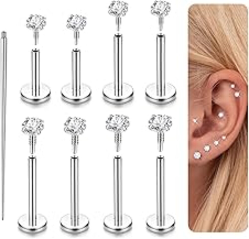 LOLIAS 16G 18G Flat Back Earrings Studs-Hypoallergenic Surgical Stainless Steel Cartilage Earring for Women Internally Threaded Cubic Zirconia Nose Stud Lip Medusa Tragus Helix Piercing Jewelry
