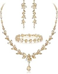 EVER FAITH Austrian Crystal Bridal Bridesmaid Jewelry Sets, Elegant Marquise Rhinestone Leaf Necklace Dangle Earrings Tennis Bracelet Set for Women