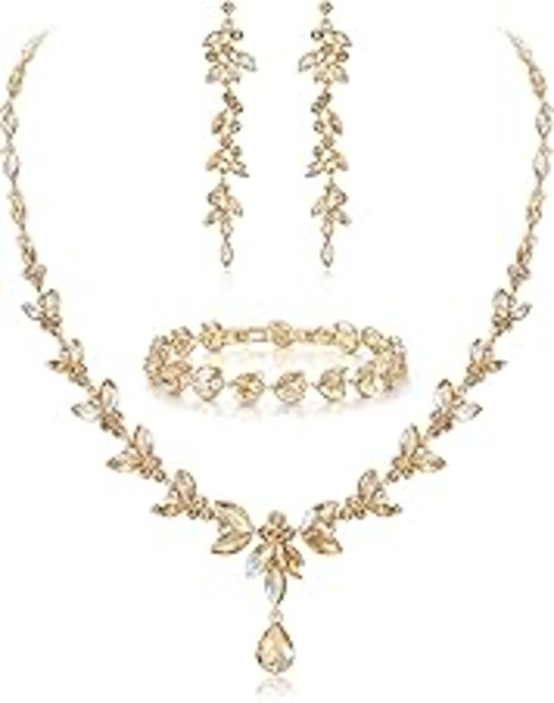 EVER FAITH Austrian Crystal Bridal Bridesmaid Jewelry Sets, Elegant Marquise Rhinestone Leaf Necklace Dangle Earrings Tennis Bracelet Set for Women