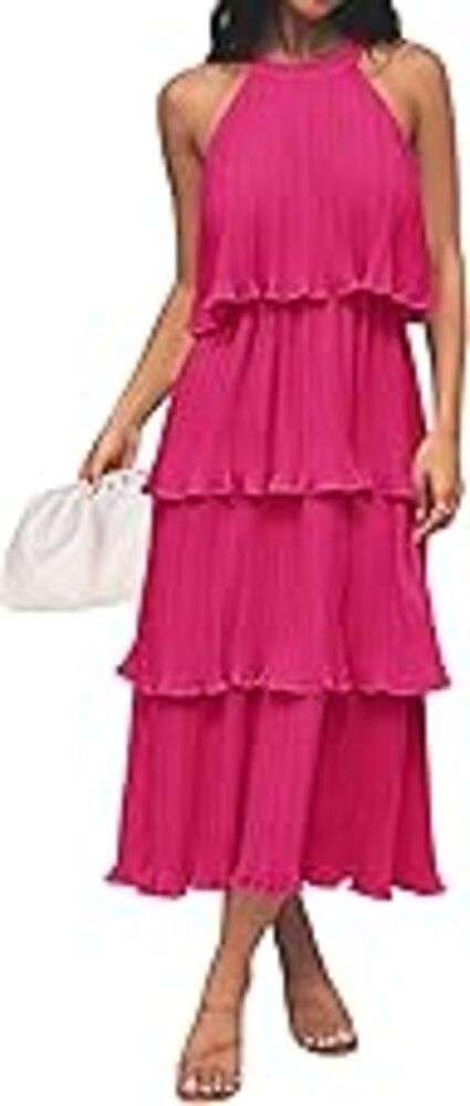 ZESICA Women's 2026 Summer Sleeveless Halter Neck Ruffle Tiered Layed Chiffon Flowy Swing Long Midi Dress