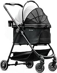Pawccoli Pet Stroller for Small Dogs and Cats, One-Click Foldable Dog Stroller with Detachable Carrier & 3 Safety Tethers, Holds up to 33 lbs, Storage Basket & Cup Holder, Breathable Mesh, Black