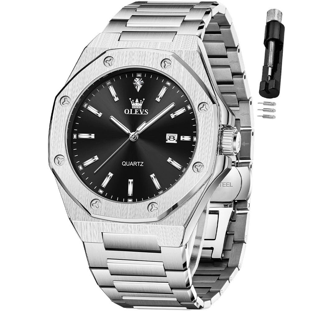 OLEVS Watches for Men Stainless Steel Business Dress Large Easy to Read Analog Watch Waterproof Luminous Casual Luxury Men Watch