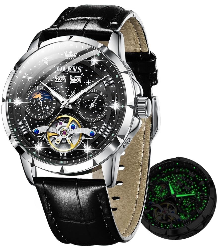 OLEVS Mens Automatic Watches Self-Winding Starry Sky Diamond Skeleton Luxury Wrist Watch Waterproof Luminous