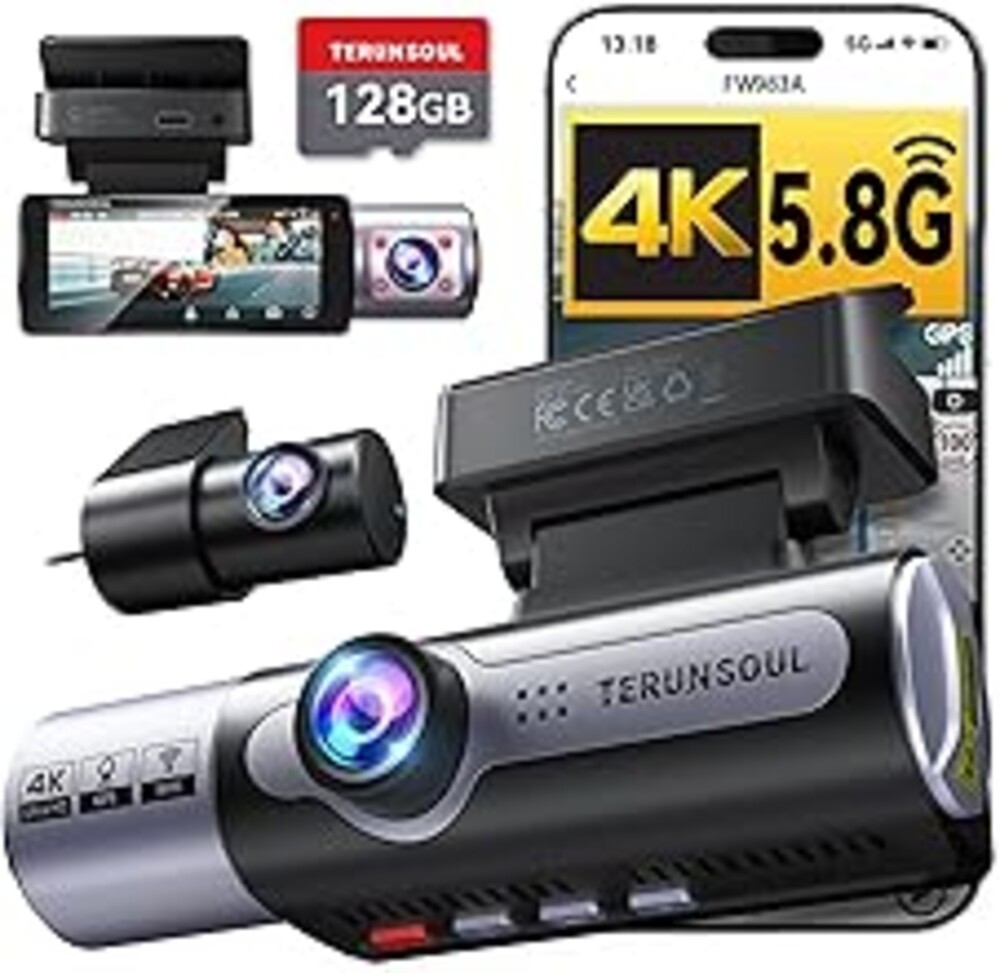 4K Dash Cam Front and Rear, Full HD 3 Channel Dashcam, Free 128GB Memory Card, Built-in 5.8GHz WiFi Built-in GPS, Collision Sensor, Night Vision, 3.16" IPS, 24H Parking Mode（Black）