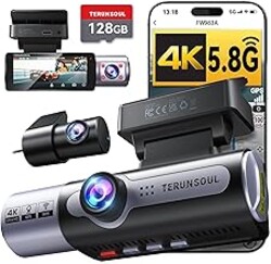 4K Dash Cam Front and Rear, Full HD 3 Channel Dashcam, Free 128GB Memory Card, Built-in 5.8GHz WiFi Built-in GPS, Collision Sensor, Night Vision, 3.16" IPS, 24H Parking Mode（Black）