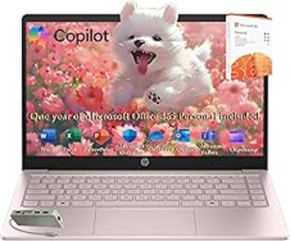 HP Laptop 2026 Edition with Copilot AI, 16GB RAM, 512GB SSD + 128GB UFS, Intel Processor, Long Battery Life, Lightweight, 1 Year Office 365, Windows 11 Home S for Students & Office, Type-C HUB, Pink