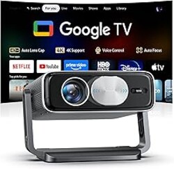 Smart Projector [Bundled with Google TV Stick and 4K Support] with WiFi and Bluetooth,2500ANSI, Auto Lens Cap, Portable Outdoor Projector with Built-in Apps Auto Focus for Ceiling/Home Theater/Bedroom