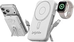 LUCKYFELLOW Magnetic Portable Charger Built-in Cables,10000mAh Fast Charging Wireless Charger Station External Battery Pack Slim Pocket Size Power Bank with Stand Compatible with iWatch, iPhone