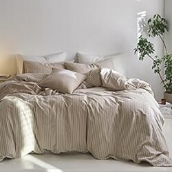 MooMee Striped Duvet Cover Set 100% Washed Cotton Linen Like Textured Breathable Durable Soft Comfy (Tannish Linen Grey White Wide Stripes, King 104"x90")