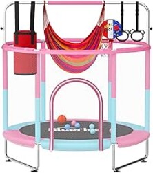 BLUERISE 55IN 6FT Toddler Trampoline for Kids Indoor Outdoor Play for Kids Trampoline Basketball Hoop Attachment with Enclosure Net Easy to Assemble