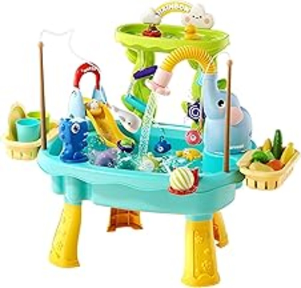 Lorveina 2027 Upgraded 4-in-1 Sand Water Table for Toddlers 1-3, Kids Sensory Table with Electric Water Pump & Elephant Faucet, Play Kitchen Sink with Food Accessories, Fishing Toy (Blue)
