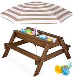 Best Choice Products Kids Picnic Table with Umbrella, 3-in-1 Sand & Water Table, Outdoor Convertible Picnic Table for Toddlers, Seats 4, Removable Top, 2 Buckets - Walnut/Beige