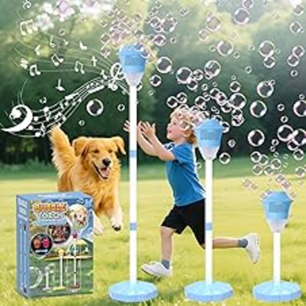 Infowush Bubble Machine for Kids, Automatic Standing Bubble Maker Machine Height Adjustable Up to 47 Inches Outdoor Battery Bubble Machine with Light/Music for Toddlers Birthday Party Gifts（Blue）