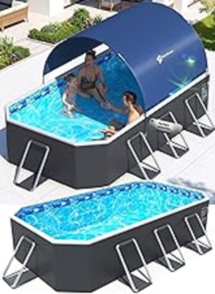 StarOcean Foldable Pool with Canopy,Non Inflatable Pool,Large Foldable Swimming Pool for Adult Portable Pool,Large Collapsible Kid Pool with Shade,Folding Kid Pool for Backyard,90x50x20 in-Dark Blue