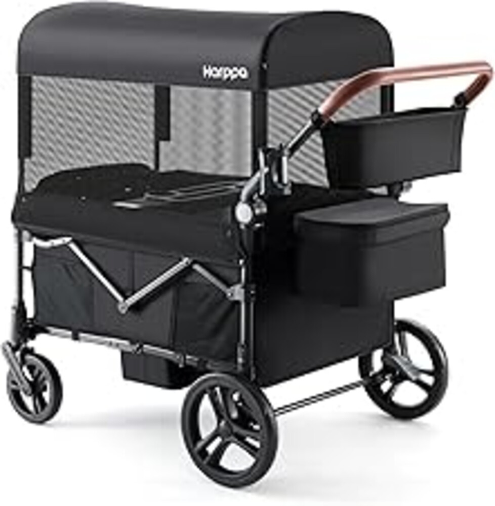 Harppa Remy Wagon Stroller for 4 Kids, Foldable 4-Seater Stroller Wagon with Mosquito Net Canopy,Snack Tray, All-Terrain 11" Wheels, 220Ibs Capacity for Beach,Zoo,Growing Family Outings Toddler Black