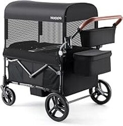 Harppa Remy Wagon Stroller for 4 Kids, Foldable 4-Seater Stroller Wagon with Mosquito Net Canopy,Snack Tray, All-Terrain 11" Wheels, 220Ibs Capacity for Beach,Zoo,Growing Family Outings Toddler Black