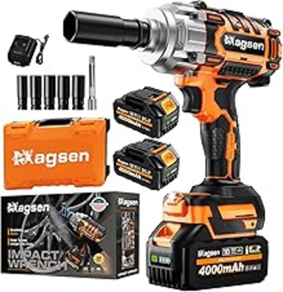 MAGSEN 1/2" Cordless Impact Wrench, 900Ft-lbs (1200N.m) Brushless High Torque Impact Gun,3800RPM,3 Variable Speeds,LED Light,2x4000mAh Battery, 5 Sockets,Electric Impact Gun for Car/Mower/Pickup