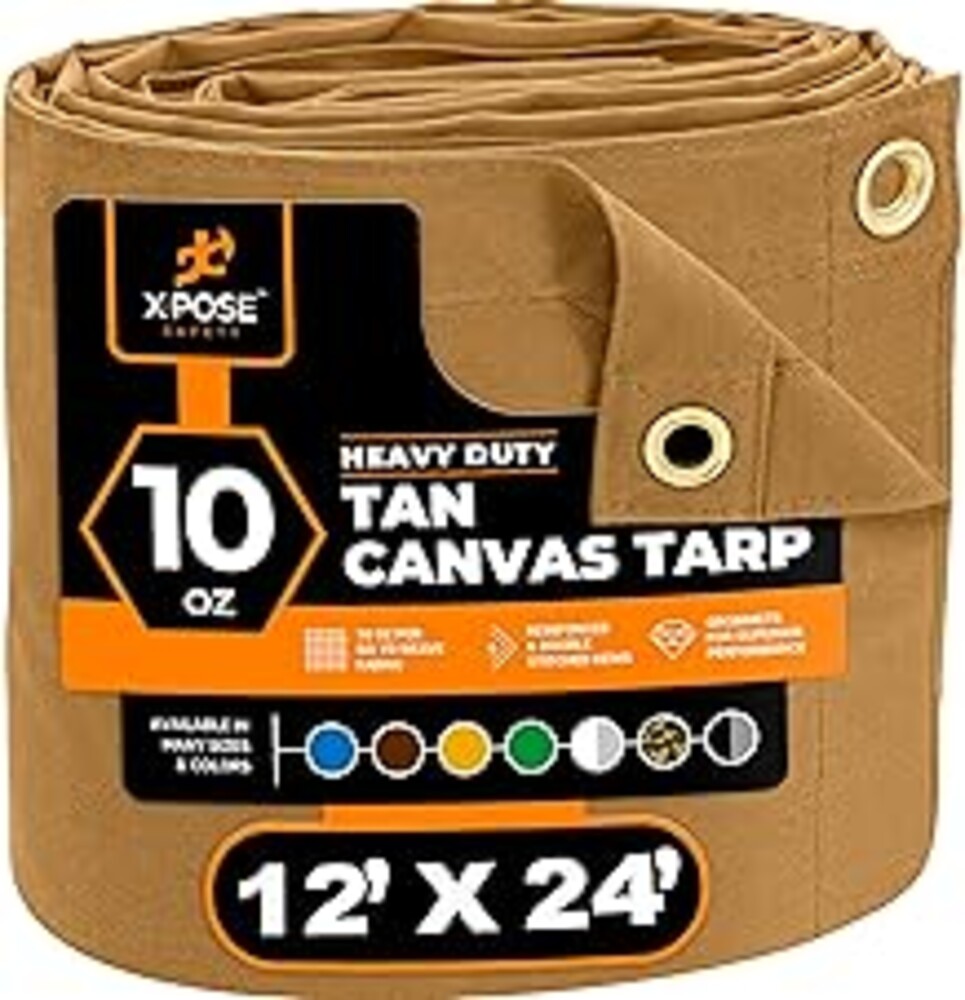 Xpose Safety Canvas Tarp - 10oz Tan Canvas Tarps Heavy Duty Water Resistant with Brass Grommets- Multipurpose Outdoor Tarpaulin for Camping, Canopy, Trailer, Equipment Cover 12' x 24'
