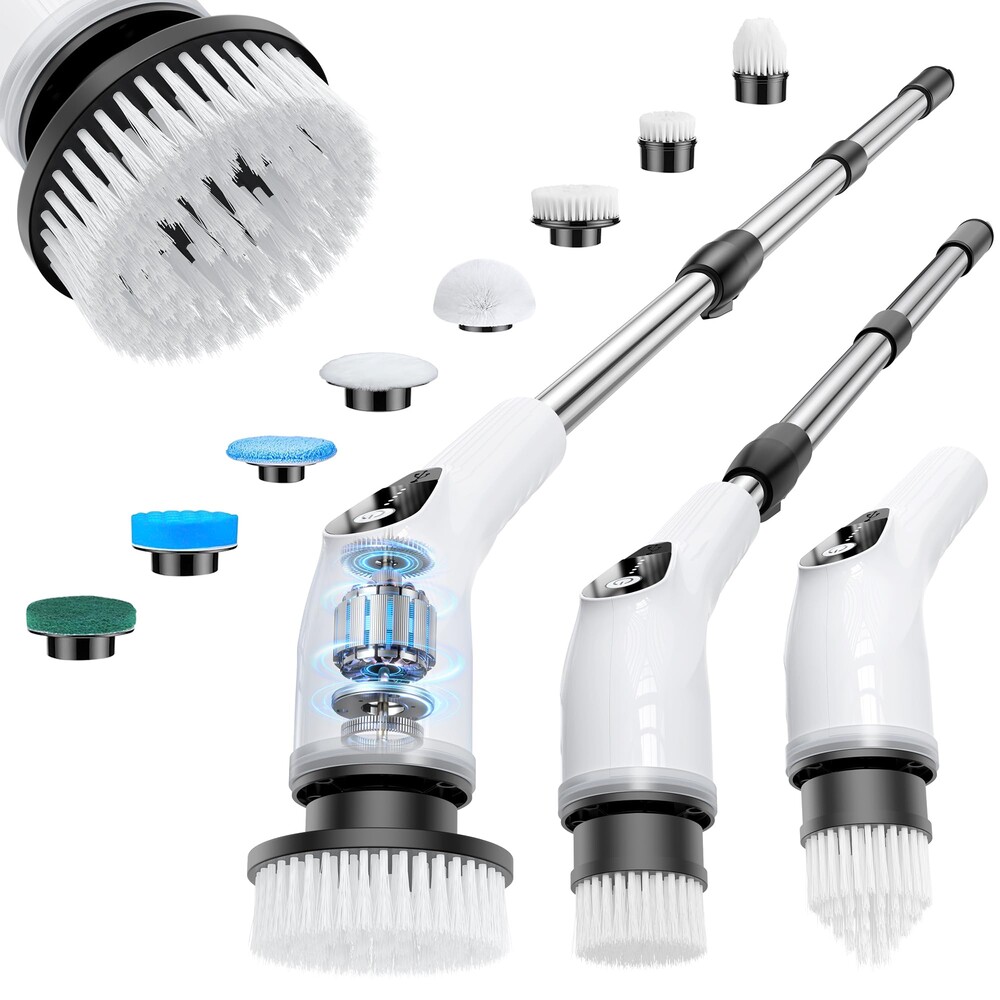 Electric Spin Scrubber, Cordless Cleaning Brush with 8 Replaceable Heads, Five-Speed Power Scrubber with Adjustable Handle for Bathroom, Tub, Floor, Tile & Car – Clean Without Bending