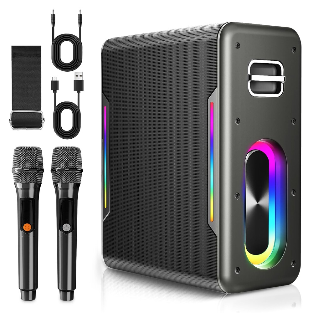 Karaoke Machine with 2 Wireless Microphones Portable Bluetooth Karaoke Machine for Adults Kids DSP Chip Karaoke Speaker with LED Lights Supports TWS TF Card USB AUX in