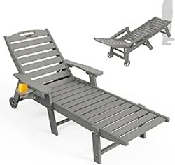Ciokea Lounge Chair Outdoor, Oversized Chaise Lounge Chair with 5 Positions, HDPE, Patio Lounge Chair with Wheels & Cup Holder for Pool, Deck, Poolside, Grey