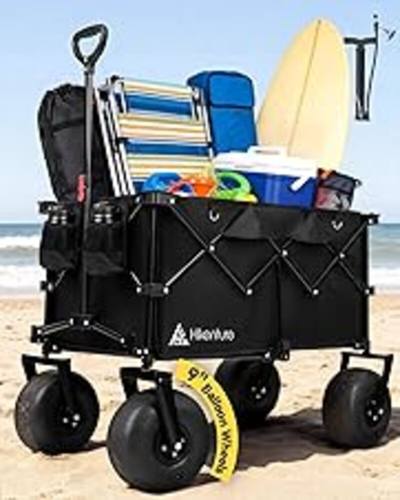 Hikenture Beach Wagon with Balloon Wheels, 9" PU Tires Collapsible Wagon, 440lbs Heavy Duty Beach Cart with Big Wheels for Sand, Large Capacity Utility Wagons Carts