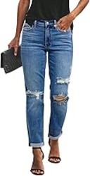 KUNMI Women's Ripped Mid Waisted Boyfriend Jeans Loose Fit Distressed Stretchy Denim Pants