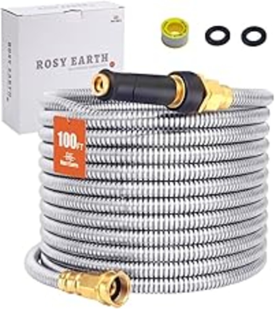 Rosy Earth Stainless Steel Garden Hose 100 FT, Heavy Duty Expandable Water Hose, No-Kink, No Bite, Flexible Garden Hoses for Yard, RV, Car