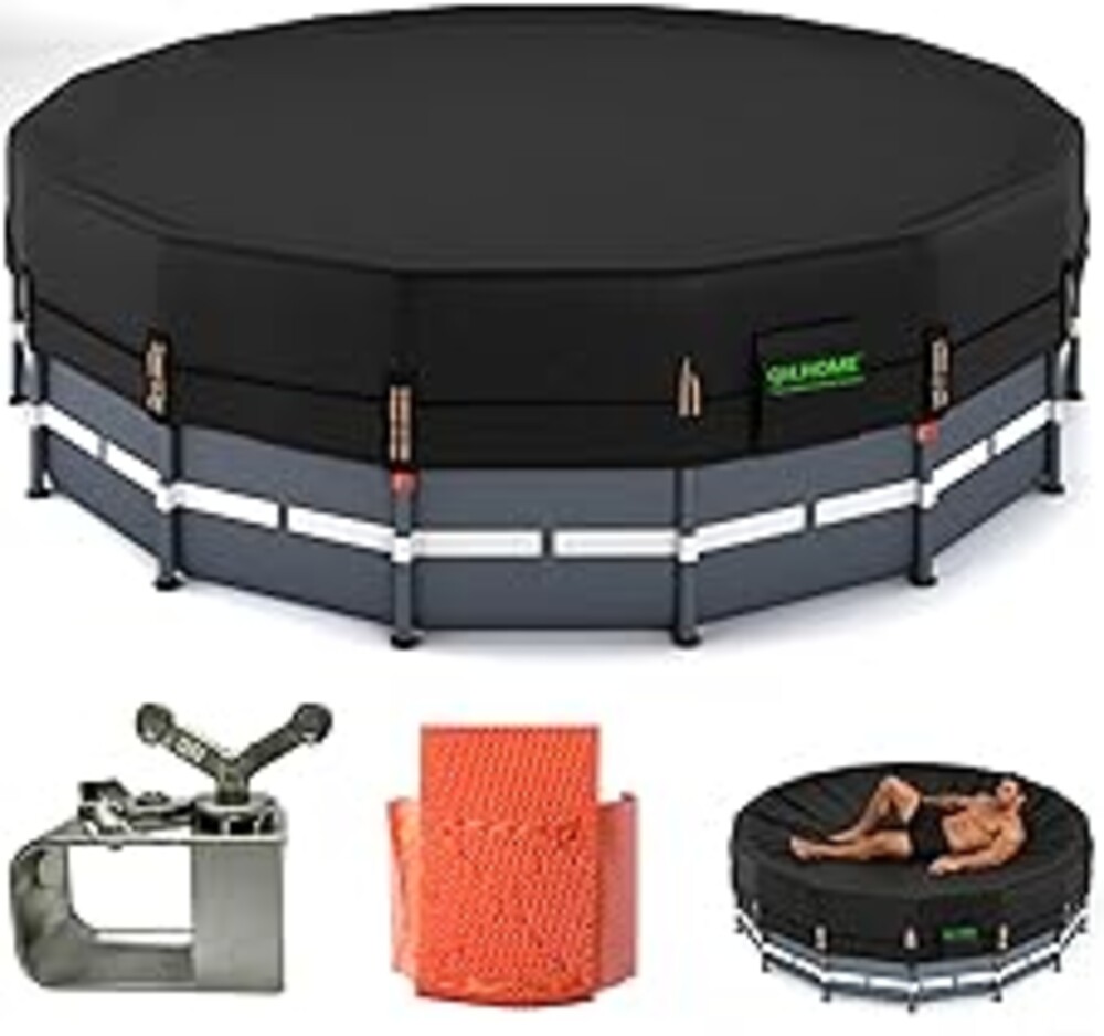 QH.HOME 550D 15 ft Pool Cover Round[Upgraded Tear Resistant & Quadruple Windproof] wth Pre-Installed Patented Winch and Rope, Pool Covers for Above Ground Pools-Snug Fit & Waterproof Protection