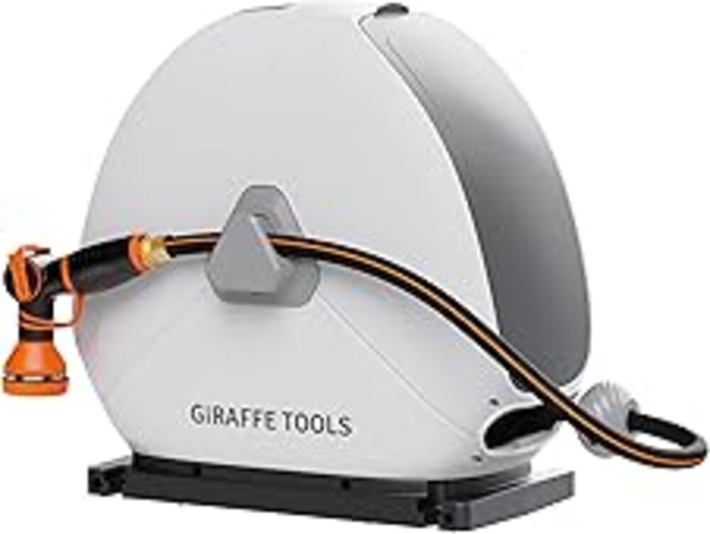 Giraffe Tools Retractable Heavy Duty Hose Reel, 1/2" x 82FT Automatic Rewind Garden Hose Reel with 360° Swivel Base, Ground Mounted for Lawn, Patio, Concrete Floor & Yard Watering