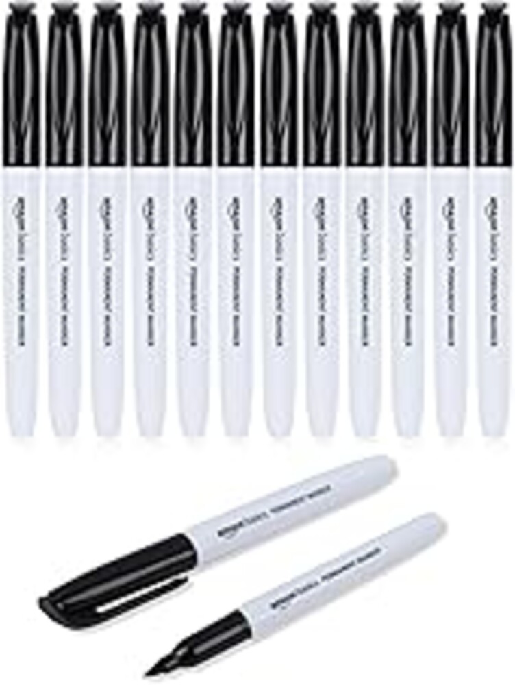 Amazon Basics Fine Tip Permanent Markers for Writing, Drawing, Quick Drying, Office, School, and Home Use, Black, 12 Pack