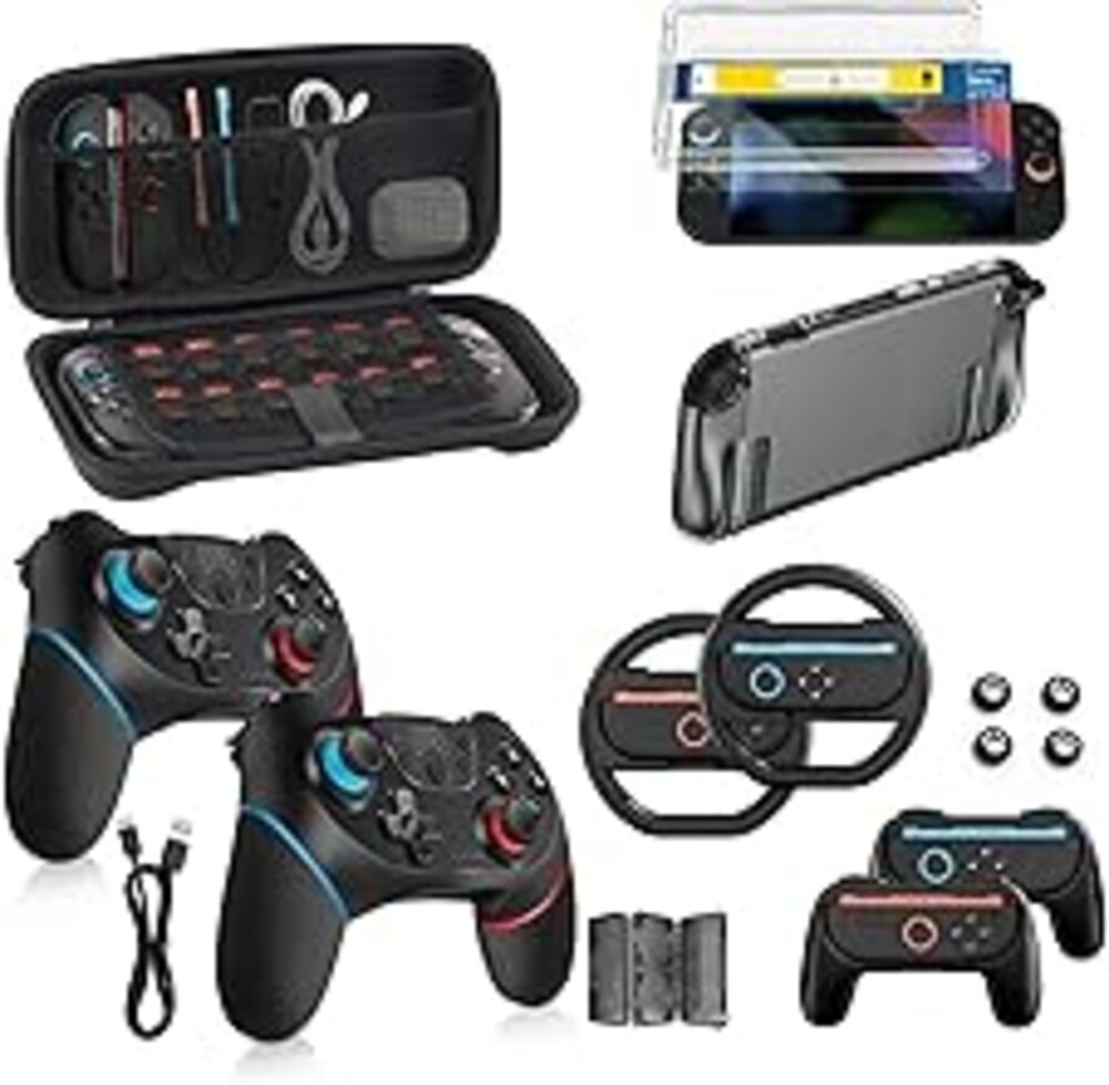 Pro Controllers Accessories Bundle for Nintendo Switch 2 18-in-1: Carrying Case, Screen Protector, Thumb Grip for Joycon, Dockable Console Protective Cover Shell, Steering Wheel, 2025 Switch2 Game Kit