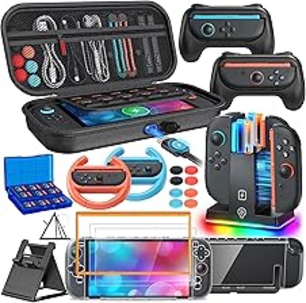 Switch 2 Accessories, [Charge Inside]Case Bundle for Nintendo Switch 2 2025 Console, FYOUNG 23 IN 1 Kit:Carrying Case,Controller Charger,Protective Shell,Grip for Joycon,Steering Wheel for Mario Kart
