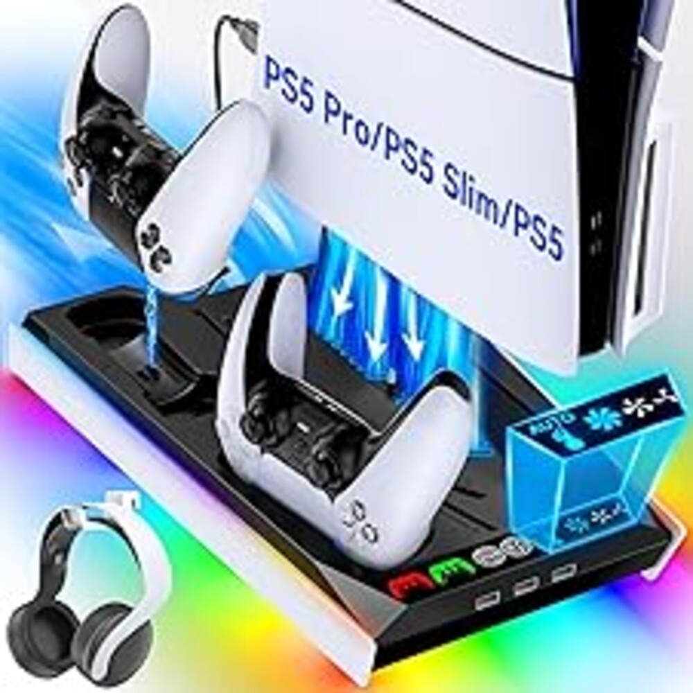 Tokluck PS5/Slim/Pro Cooling Station with Auto Turbofan & 3-Level Speed, PS5 Vertical Stand Cooling Fan Station with Controller Charger, Cooler Docking Station for PlayStation 4 Adapters