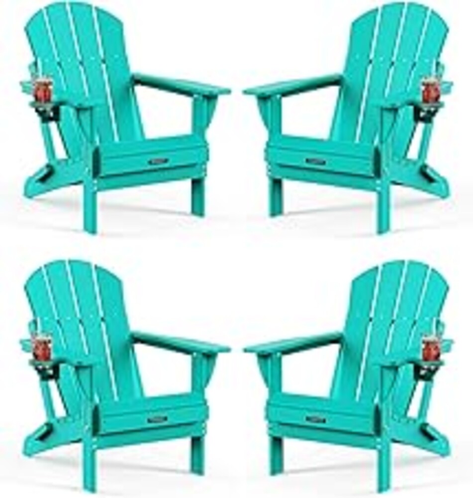 MUCHENGHY Folding Adirondack Chairs 4 Pack, Patio Chairs, Outdoor Chairs, Adirondack Chair Plastic, Fire Pit Chairs, Weather Resistant with Cup Holder for Deck, Backyard, Garden(Lake Blue)