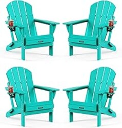 MUCHENGHY Folding Adirondack Chairs 4 Pack, Patio Chairs, Outdoor Chairs, Adirondack Chair Plastic, Fire Pit Chairs, Weather Resistant with Cup Holder for Deck, Backyard, Garden(Lake Blue)