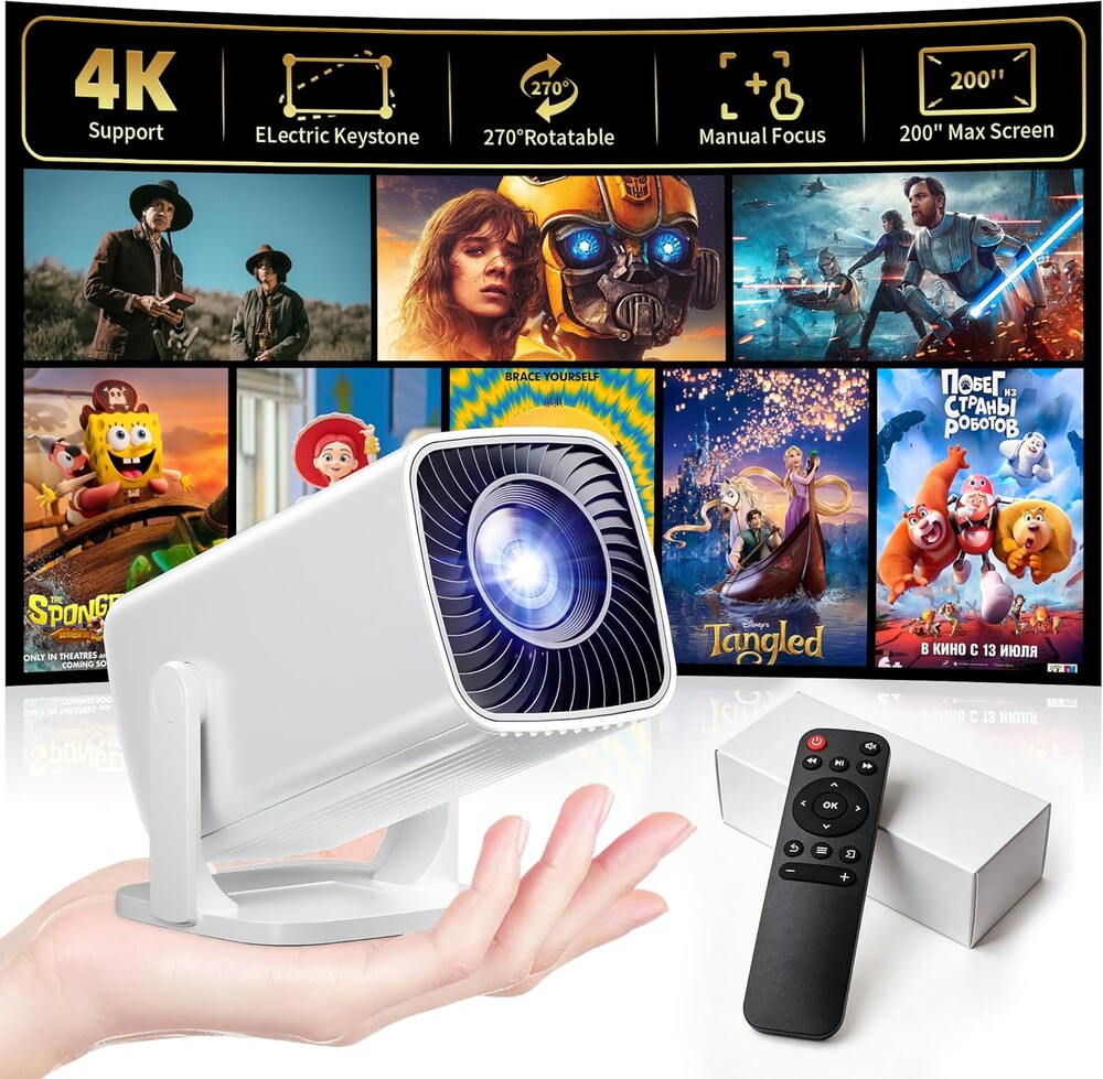 Mini Projector, Portable Projector 4K & Full HD 1080P Support, 270° Rotation Outdoor Projector, Movie Projector Compatible with Smartphone, TV Stick, Laptop, PS4, HDMI, USB
