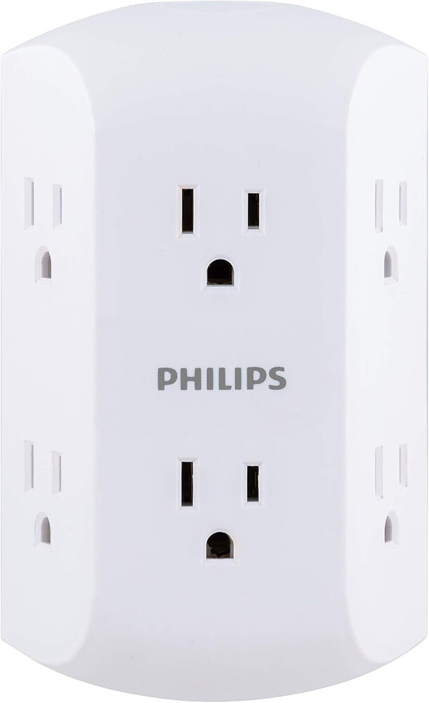 Philips 6 Outlet Wall Plug Adapter Power Strip, Extra Wide Spaced Outlets for Cell Phone Charger, Power Adapter, 3 Prong, Multi Outlet Wall Charger, White, SPS1740WA/37