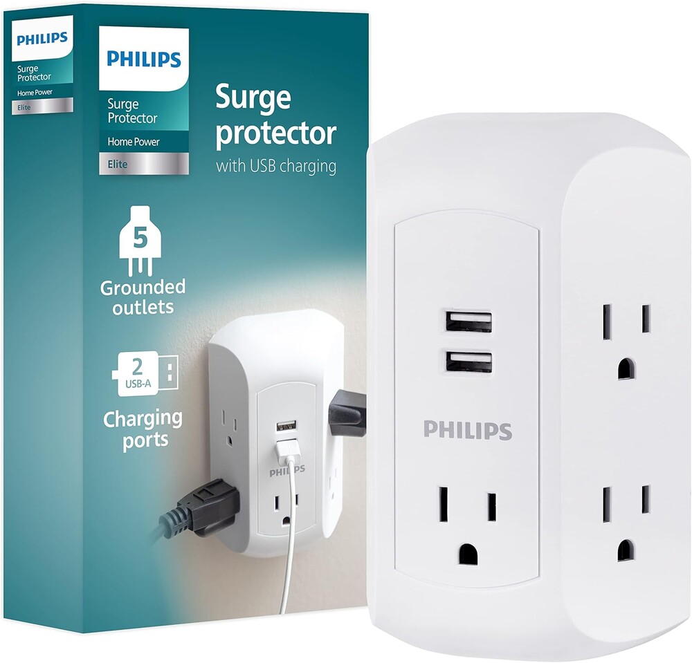 Philips 5-Outlet Extender, Grounded Wall Tap, 3-Prong, 2 USB-A, Surge Protector, Adapter Spaced Outlets, Side Access, 560 Joules, Quick and Easy Install, White, SPS5002WA/37