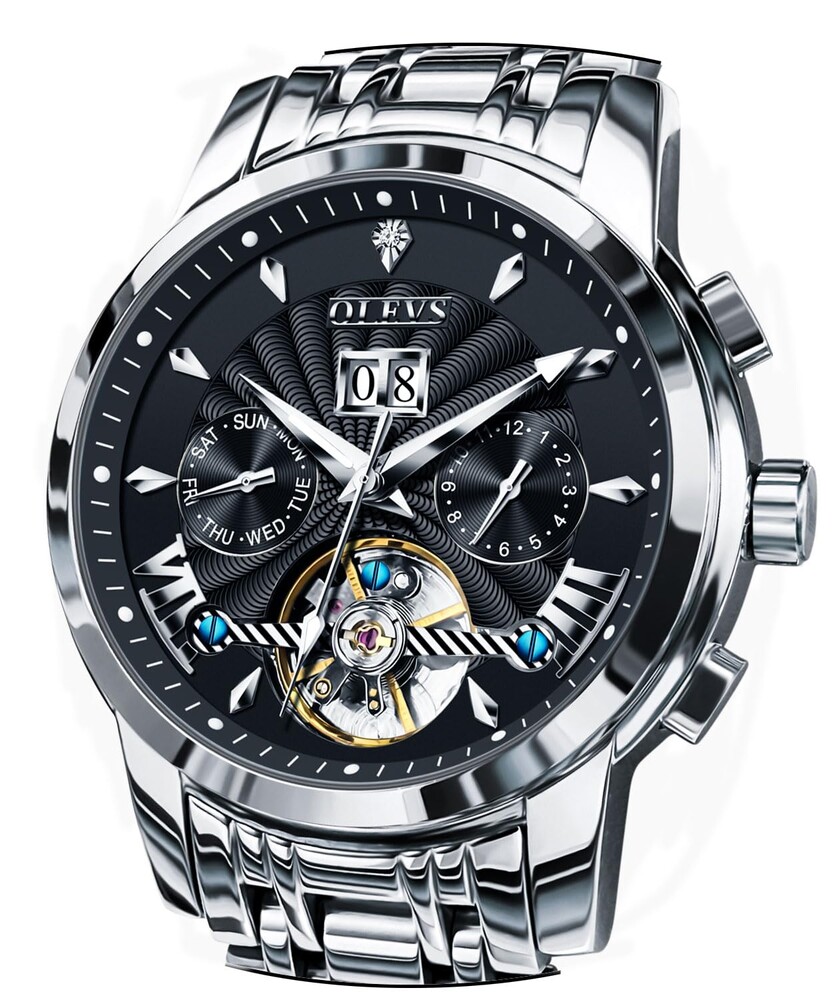 OLEVS Men Automatic Watch Stainless Steel Skeleton Mechanical Date Calendar Luxury Classic Business Waterproof Luminous Wrist Watches