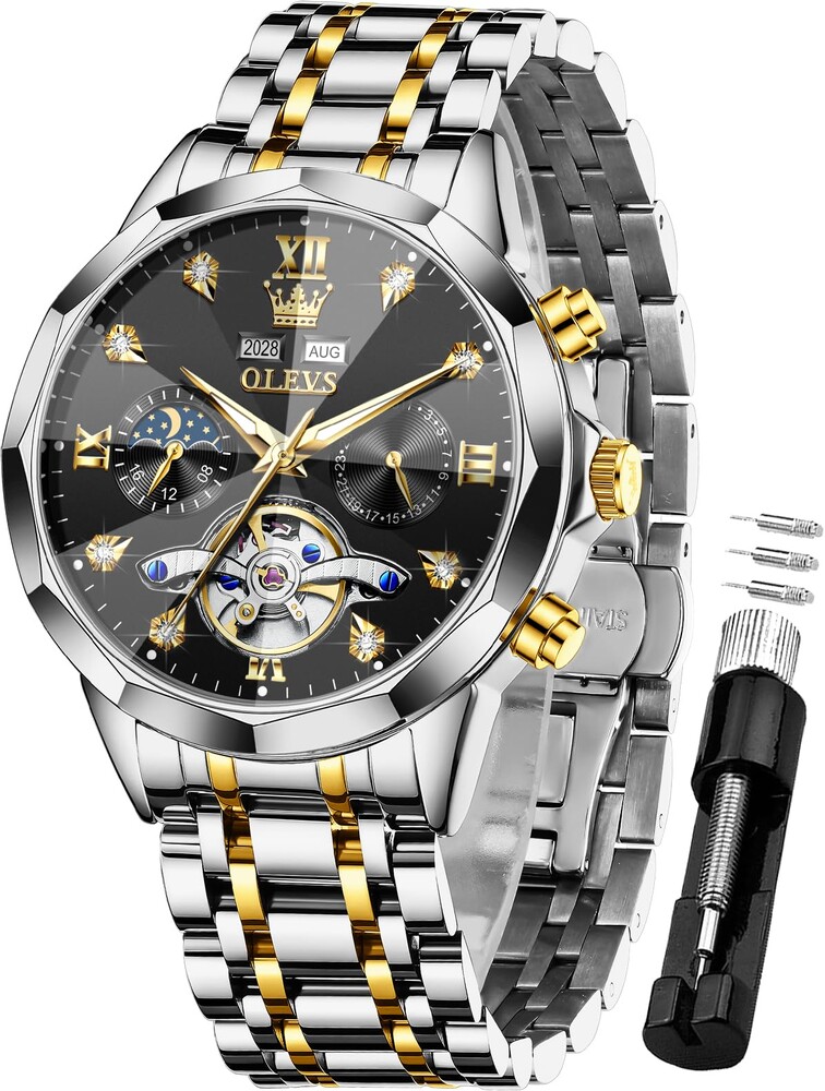 OLEVS Men Automatic Watch Diamond Skeleton Mechanical Luxury Self Winding Moon Phase Calendar Waterproof Wrist Watch for Men