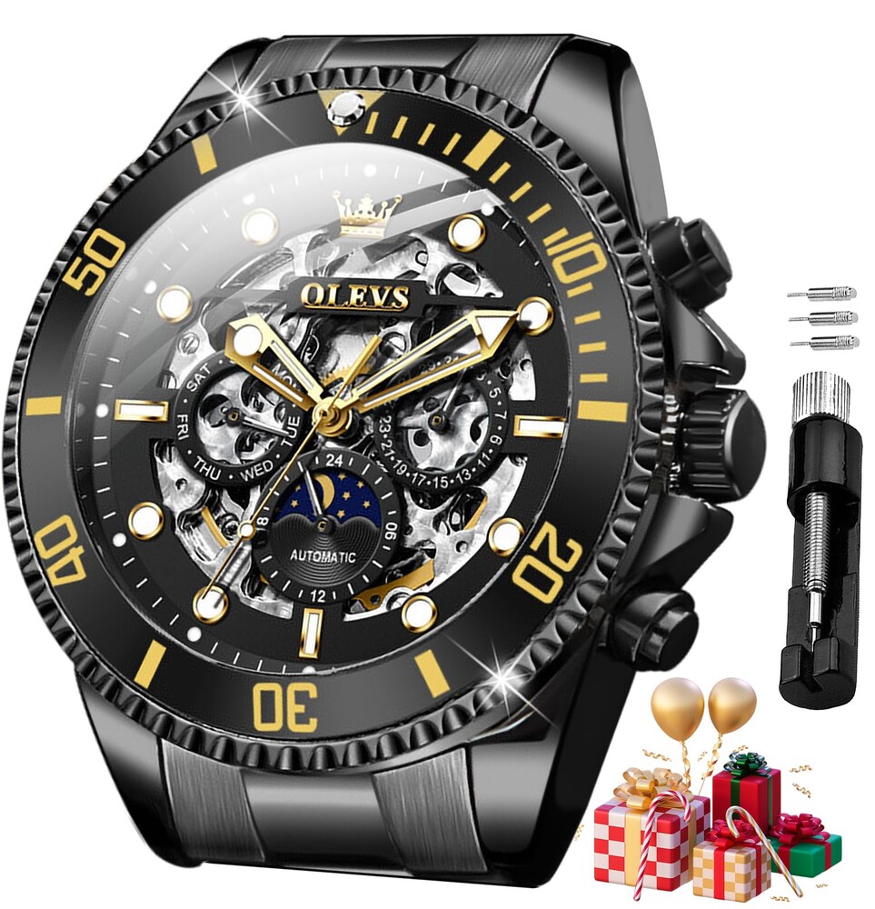 OLEVS Men Automatic Watch Diamond Skeleton Mechanical Luxury Self Winding Moon Phase Calendar Waterproof Wrist Watch for Men