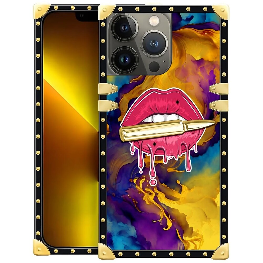 WANKBLC Compatible with iPhone 13 Pro Case, Cool Corlorful Lip Marble Luxury Golden Decoration for Girl Women Soft TPU Shockproof Protective Hard PC Back for iPhone 13 Pro