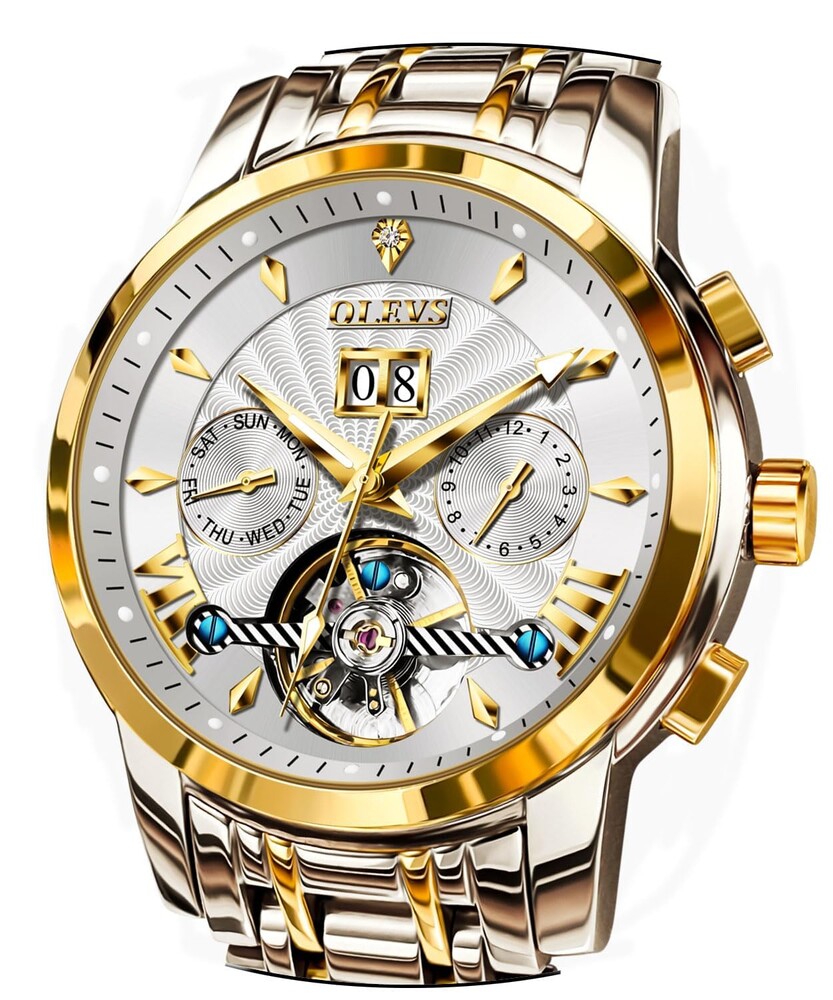 OLEVS Men Automatic Watch Stainless Steel Skeleton Mechanical Date Calendar Luxury Classic Business Waterproof Luminous Wrist Watches