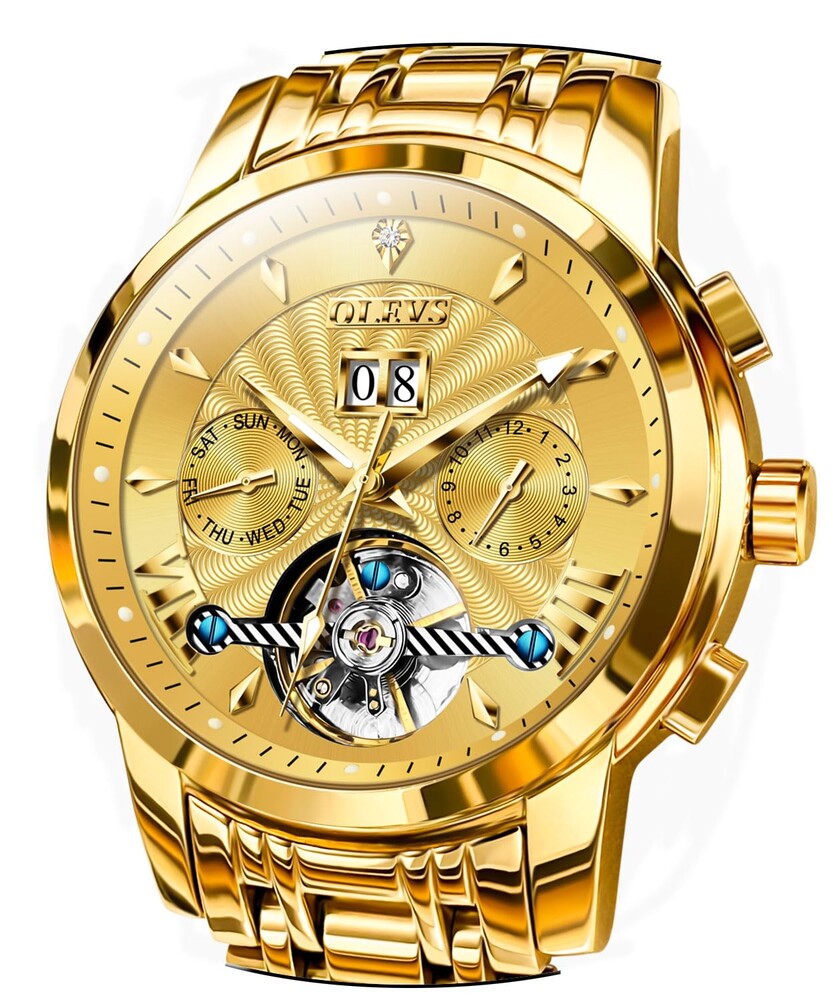 OLEVS Men Automatic Watch Stainless Steel Skeleton Mechanical Date Calendar Luxury Classic Business Waterproof Luminous Wrist Watches